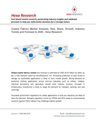 Coated Fabrics Market Analysis, Size, Share, Growth, Industry Trends and Forecast to 2020 - Hexa Research