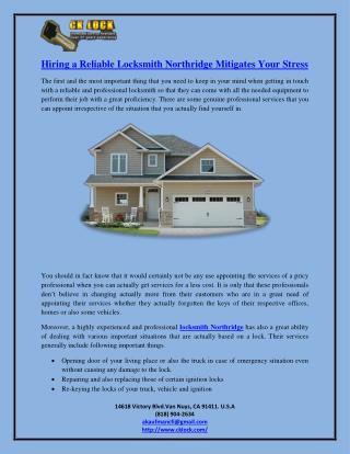 Hiring a Reliable Locksmith Northridge Mitigates Your Stress