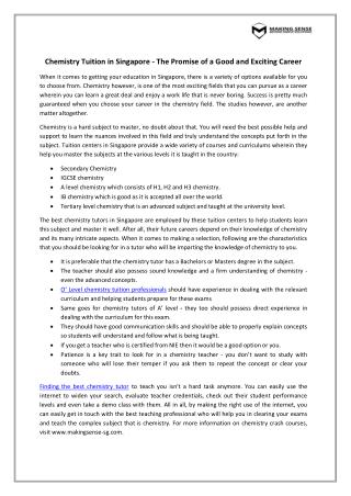 Chemistry Tuition in Singapore - The Promise of a Good and Exciting Career