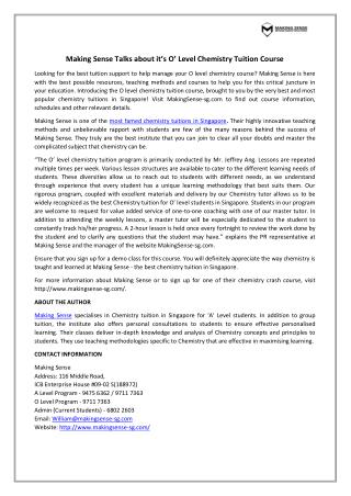 Making Sense Talks about it’s O’ Level Chemistry Tuition Course