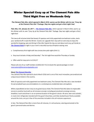 Winter Special! Cozy up at The Clement Palo Alto Third Night Free on Weekends Only