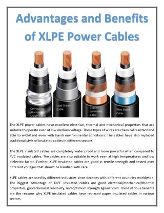 Advantages and Benefits of XLPE Power Cables