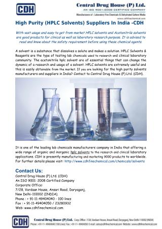 High Purity Solvents, HPLC Solvents