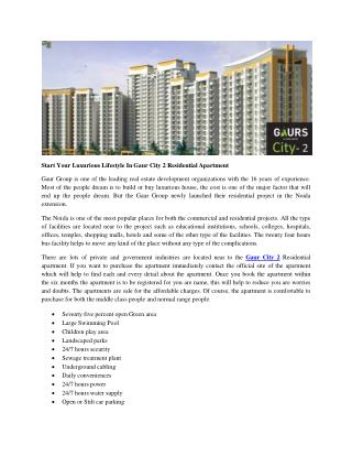 Start Your Luxurious Lifestyle In Gaur City 2 Residential Apartment