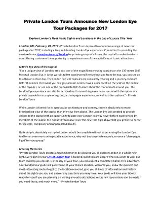 Private London Tours Announce New London Eye Tour Packages for 2017