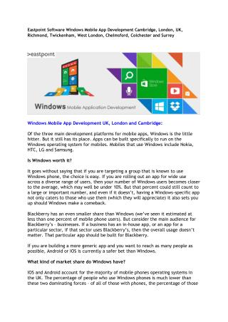 Eastpoint Software Windows Mobile App Development Cambridge, London, UK, Richmond, Twickenham, West London, Chelmsford,