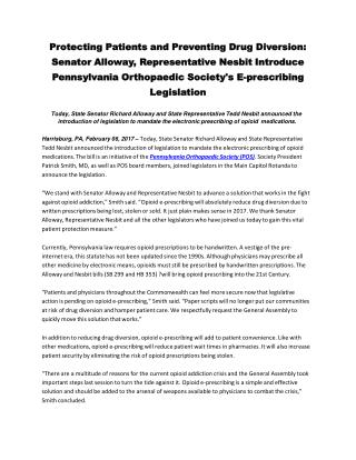 Protecting Patients and Preventing Drug Diversion: Senator Alloway, Representative Nesbit Introduce Pennsylvania Orthopa