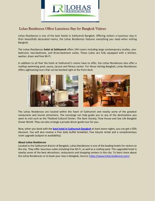 Lohas Residences Offers Luxurious Stay for Bangkok Visitors