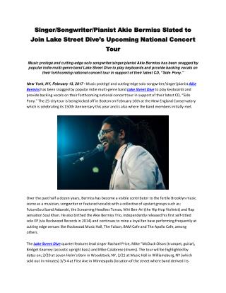 Singer/Songwriter/Pianist Akie Bermiss Slated to Join Lake Street Dive’s Upcoming National Concert Tour
