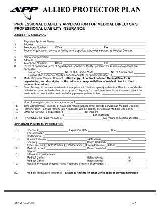 Professional liability insurance application for medical director’s