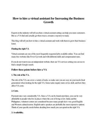 How to hire a virtual assistant for Increasing the Business Growth