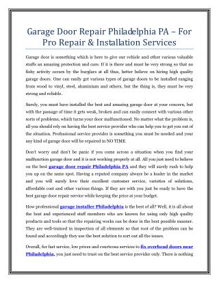 Garage Door Repair Philadelphia PA – For Pro Repair & Installation Services