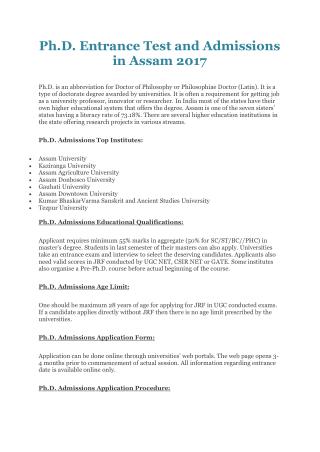 Ph.D. Entrance Test and Admissions in Assam