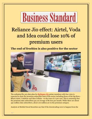 Reliance Jio effect: Airtel, Voda and Idea could lose 10% of premium users