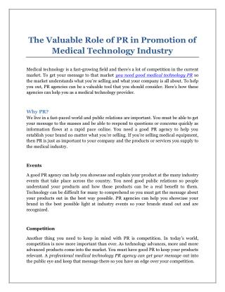 The Valuable Role of PR in Promotion of Medical Technology Industry