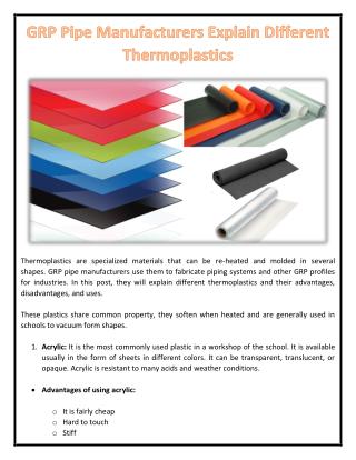 GRP Pipe Manufacturers Explain Different Thermoplastics