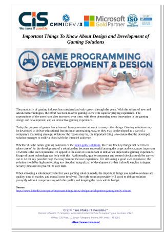 Important Things To Know About Design and Development of Gaming Solutions