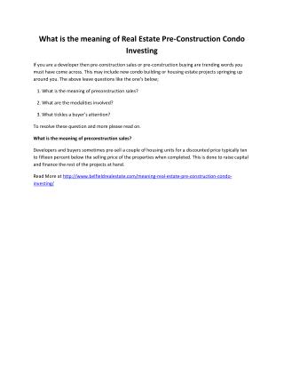 What is the meaning of Real Estate Pre-Construction Condo Investing