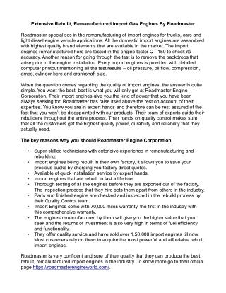 Extensive Rebuilt, Remanufactured Import Gas Engines By Roadmaster