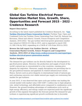 Global Gas Turbine Electrical Power Generation Market Size, Growth, Share, Opportunities and Forecast 2015 - 2022 - Cred