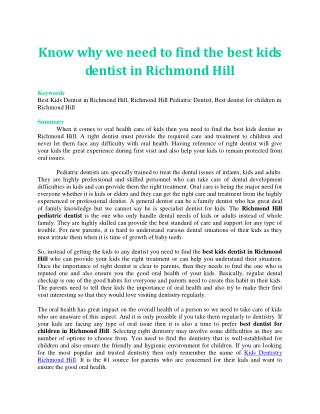 Know why we need to find the best kids dentist in Richmond Hill