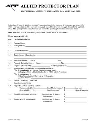 Professional Liability Insurance application for Adult day care