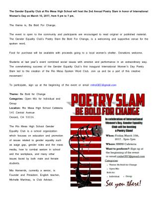 Rio Mesa High School Gender Equality Club 2nd Annual Poetry Slam