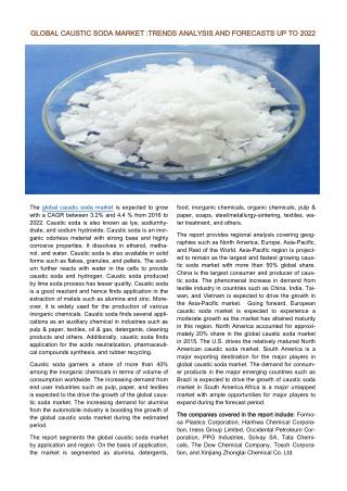 Global Caustic Soda Market Set for Rapid Growth to Reach around Million by 2022