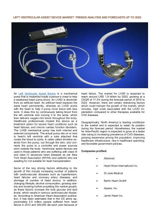 Left Ventricular Assist Device (LVAD) Market – Global Industry Analysis, Size, Share, Trends and Forecast, 2014 – 2022