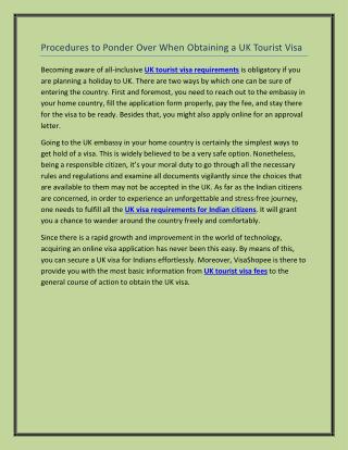 Procedures to Ponder Over When Obtaining a UK Tourist Visa