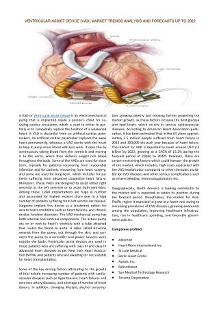 Ventricular Assist Device (VAD) Market – Global Industry Analysis, Size, Share, Trends and Forecast, 2014 – 2022