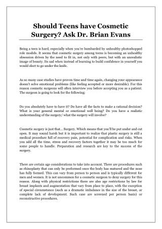 Should Teens have Cosmetic Surgery? Ask Dr. Brian Evans