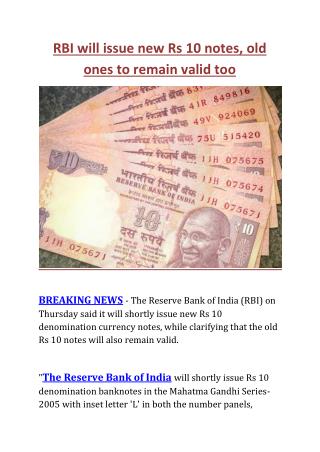 RBI will issue new Rs 10 notes, old ones to remain valid too