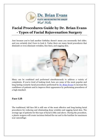 Facial Procedures Guide by Dr. Brian Evans - Types of Facial Rejuvenation Surgery