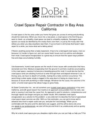 Crawl Space Repair Contractor in Bay Area California