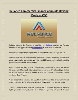 Reliance Commercial Finance appoints Devang Mody as CEO