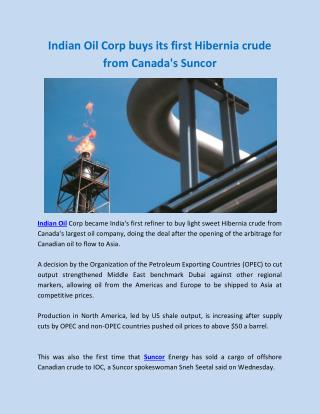 Indian Oil Corp buys its first Hibernia crude from Canada's Suncor