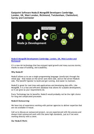 Eastpoint Software NodeJS MongoDB Developers Cambridge, London, UK, West London, Richmond, Twickenham, Chelmsford, Surr