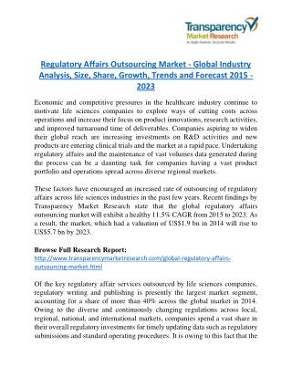 Regulatory Affairs Outsourcing Market is expanding at a CAGR of 11.5% from 2015 to 2023
