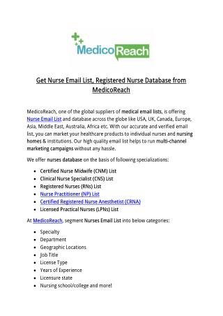 Get Nurse Email List, Registered Nurse Database from MedicoReach