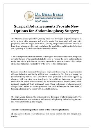 Surgical Advancements Provide New Options for Abdominoplasty Surgery