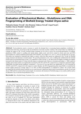 Evaluation of Biochemical Marker – Glutathione and DNA Fingerprinting of Biofield Energy Treated Oryza sativa