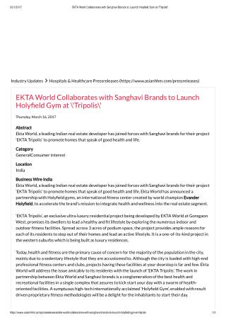 EKTA World Collaborates with Sanghavi Brands to Launch Holyfield Gym at 'Tripolis'