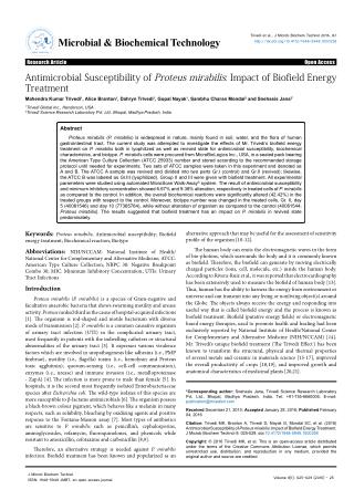 Antimicrobial Susceptibility of Proteus mirabilis: Impact of Biofield Energy Treatment