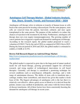 Autologous Cell Therapy Market is expanding at a CAGR of 21.9% from 2016 to 2024