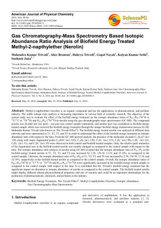 Gas Chromatography-Mass Spectrometry Based Isotopic Abundance Ratio Analysis of Biofield Energy Treated Methyl-2-napthyl