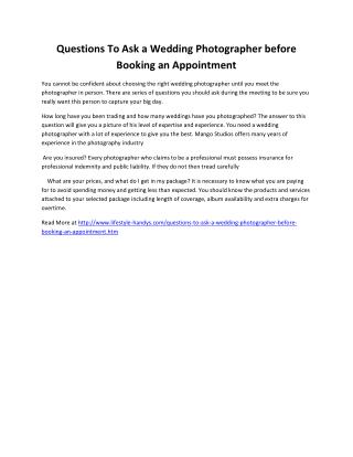 Questions To Ask a Wedding Photographer before Booking an Appointment