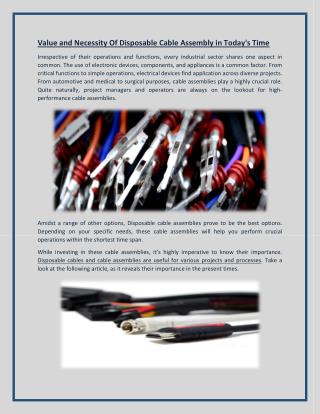 Value and Necessity Of Disposable Cable Assembly in Today's Time