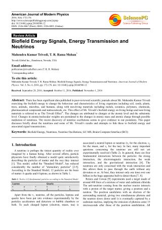 Biofield Energy Signals, Energy Transmission and Neutrinos