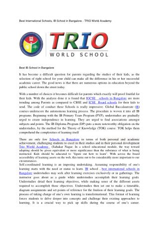 Best International Schools, IB School in Bangalore - TRIO World Academy